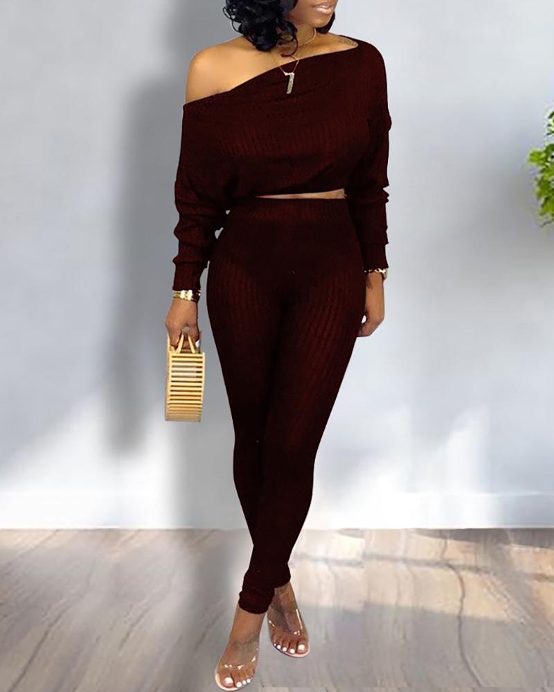 

Skew Neck Ribbed Crop Top & Pants Sets, Wine red