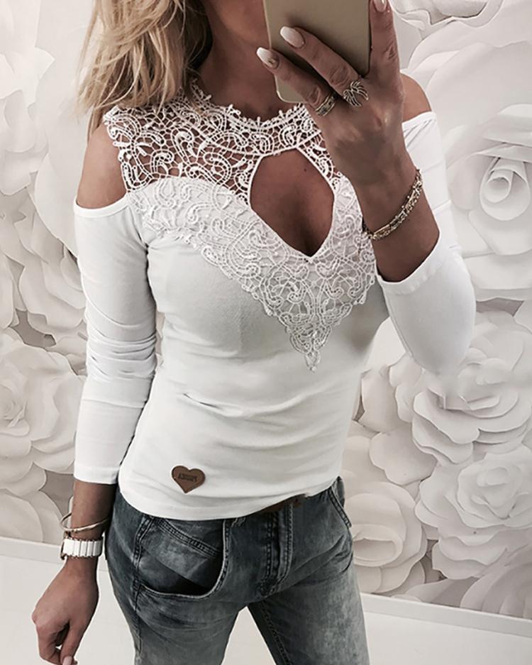 

Crochet Cut Out Open Shoulder Blouse, White