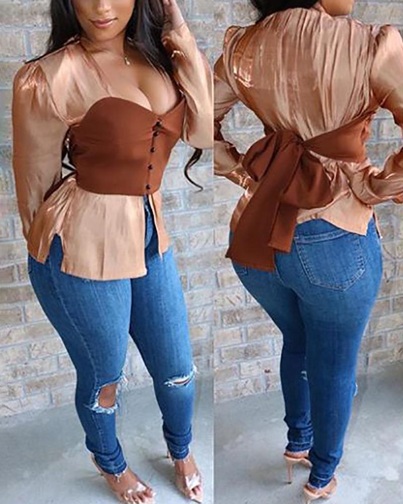 

Colorblock Bowknot Irregular Slit Blouse, Brown