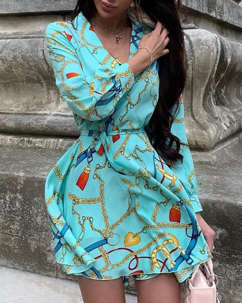 

Chain Print Long Sleeve Casual Dress, Blue
