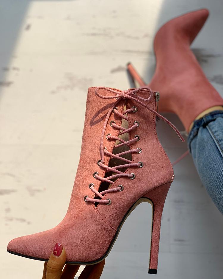 

Suede Lace-Up Eyelet Pointed Toe Boots, Pink