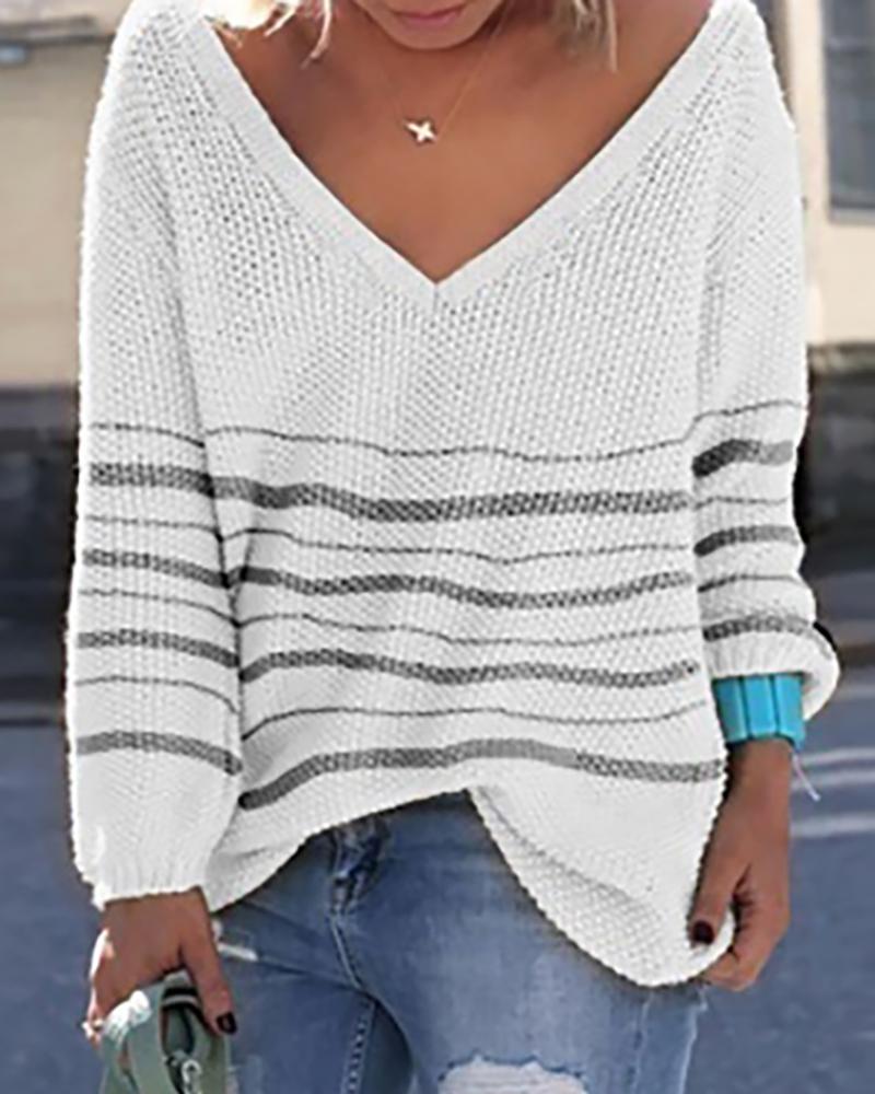 

V Neck Striped Loose Knitting Sweater, White