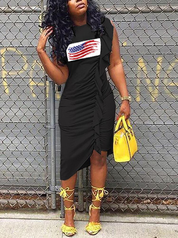 

Flag Print Irregular Ruffles Hem Casual Dress, Black