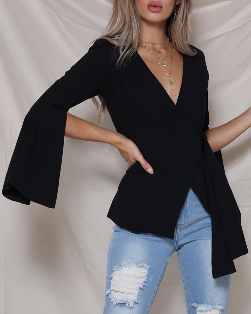 

V Neck Slit Cuff Surplice Wrap Tied Blouse, Black