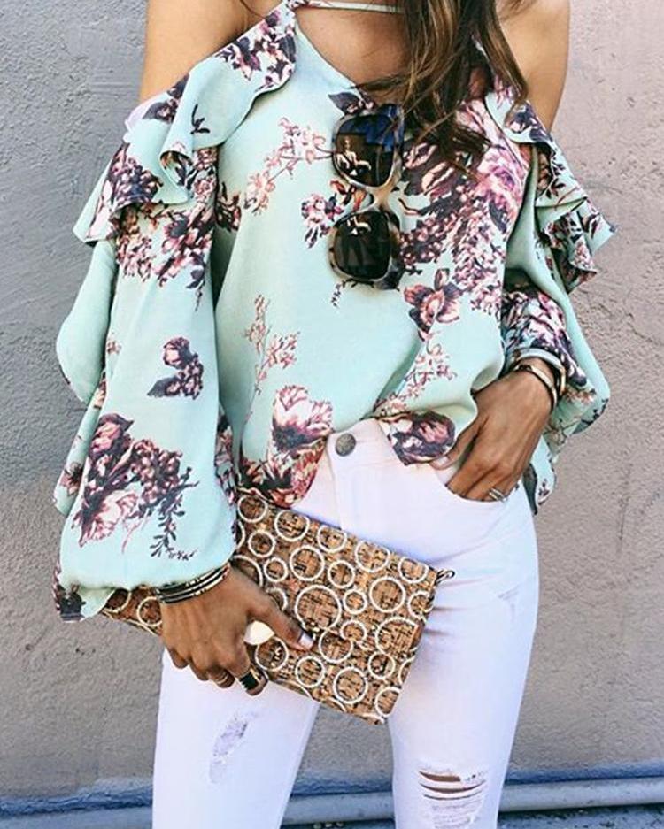 

Floral Ruffles Cold Shoulder Bishop Sleeve Blouse, Light green