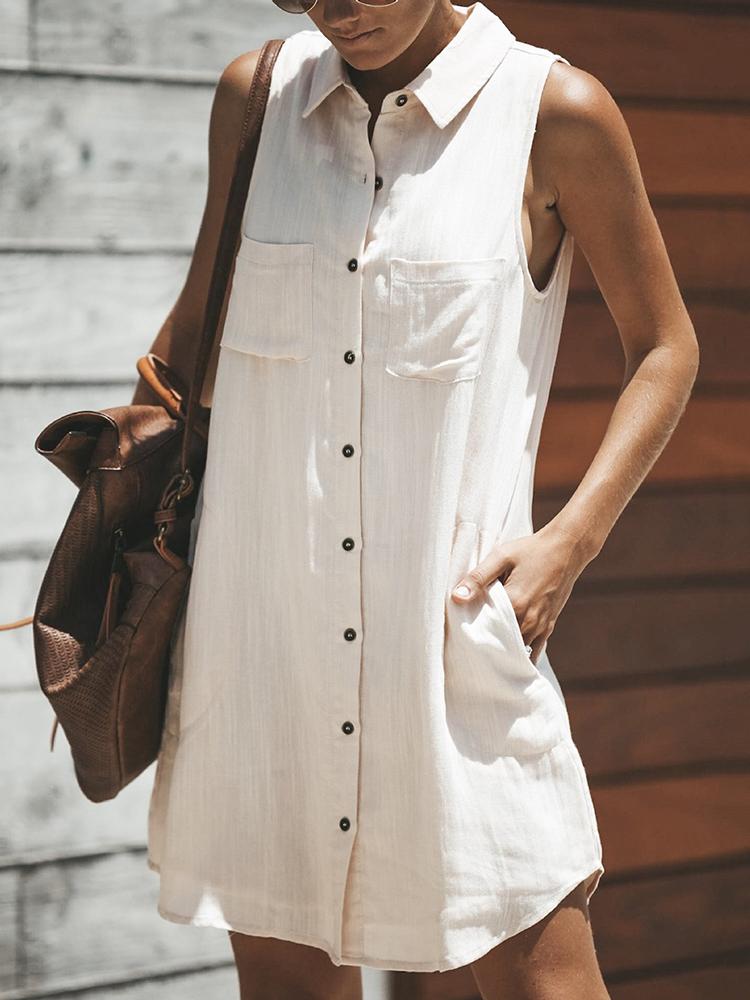 

Solid Button Through Casual Shirt Dress