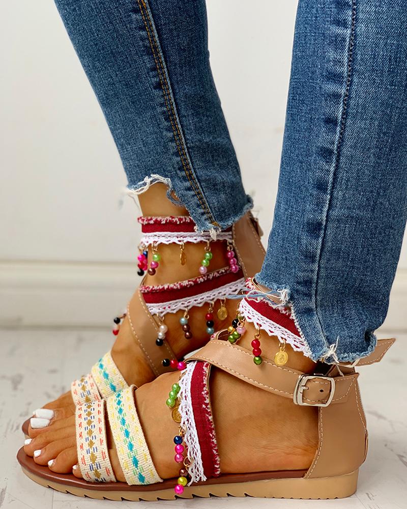 

Ethnic Style Ankle Buckled Casual Flat Sandals, Brown