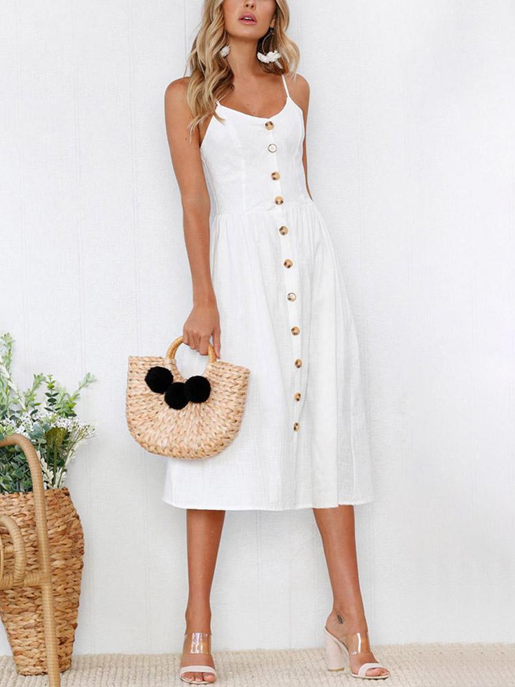 

Sexy Button Design Spaghetti Strap Casual Dress, White