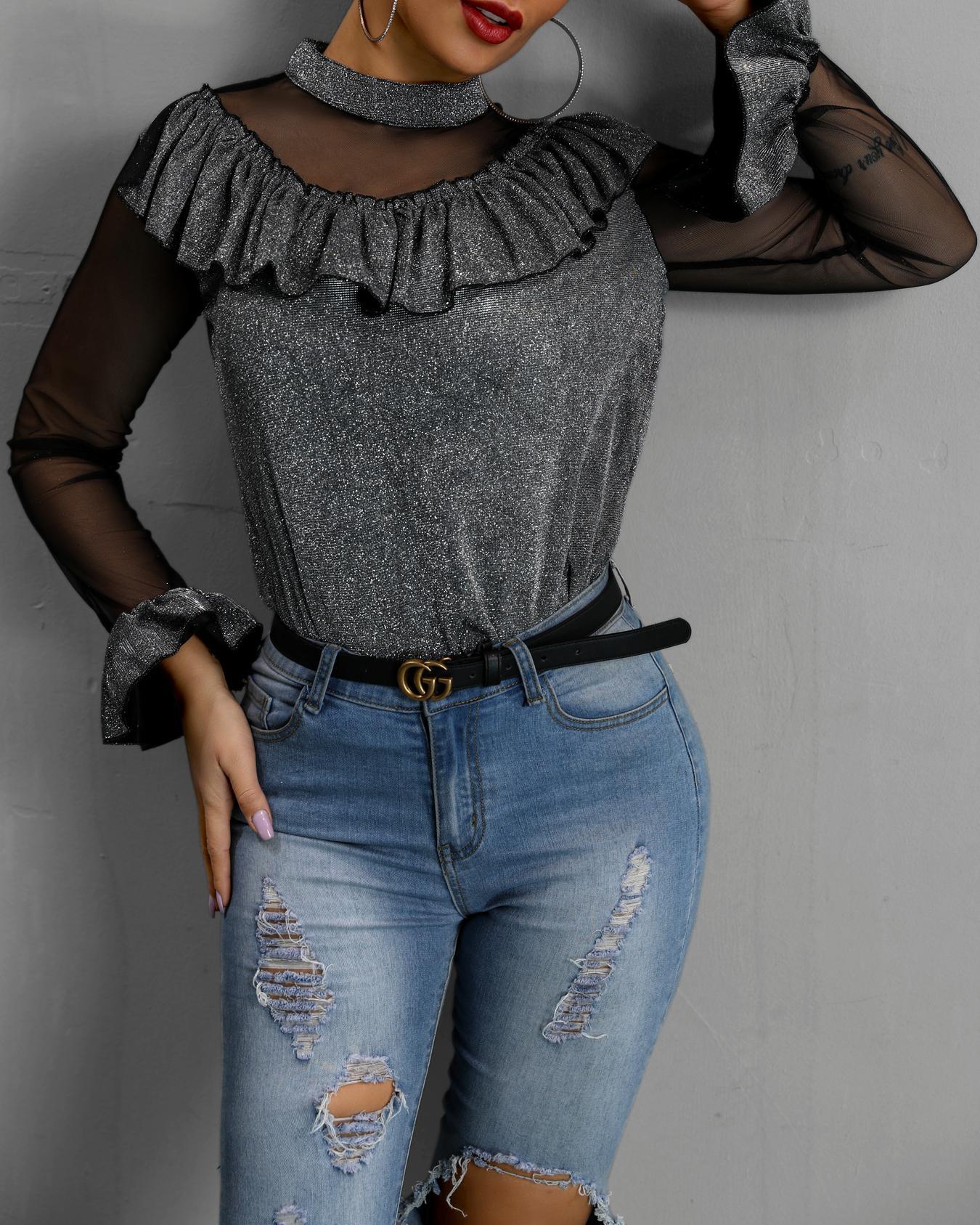 

Ruffles Bell Cuff Sheer Mesh Insert Blouse, Black