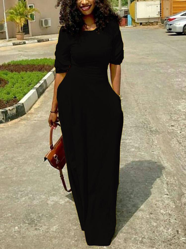 

Solid Half Sleeve Pocket Design Dress, Black