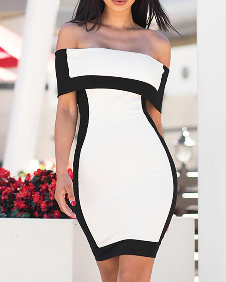 

Color Blocking Fold Over Off Shoulder Bodycon Dress, White