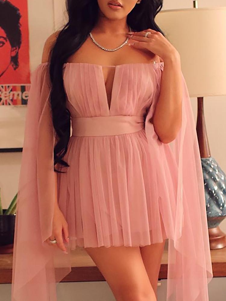 

Mesh Off Shoulder Cape Sleeve Ruched Mini Dress, Pink