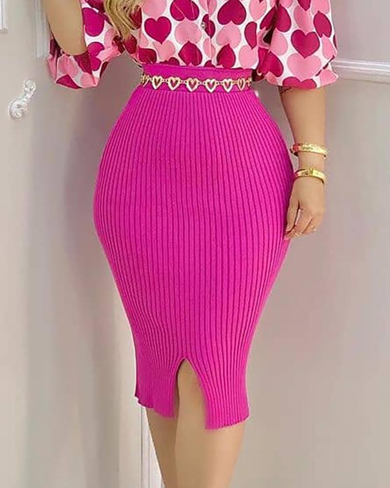 

Plain Ribbed High Waist Skirt, Hot pink