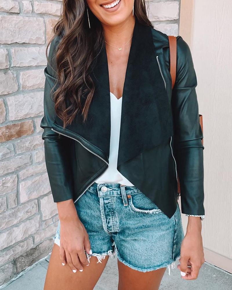

Zipper Design Long Sleeve PU Jacket, Black