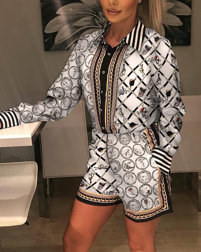 

Print Buttoned Shirt & Zipper Short Sets, White