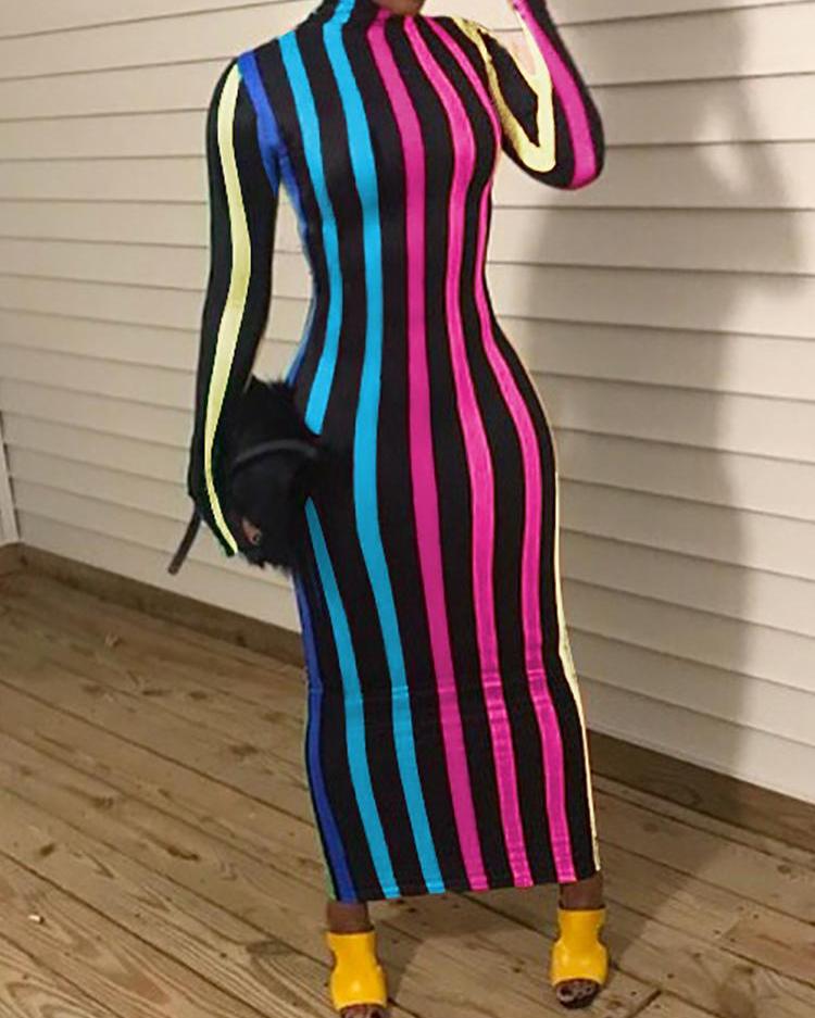 

Vertical Striped High Neck Dress, Hot pink