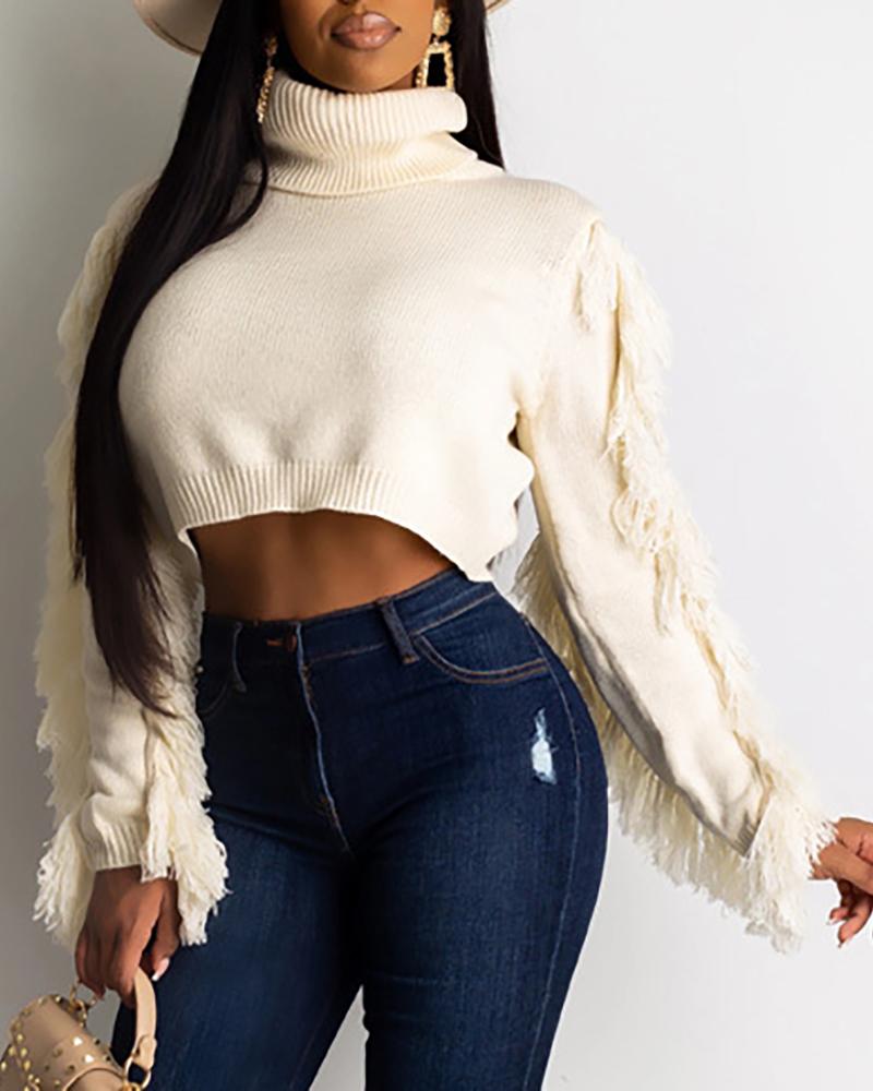 

Tassel High Neck Long Sleeve Sweater, White