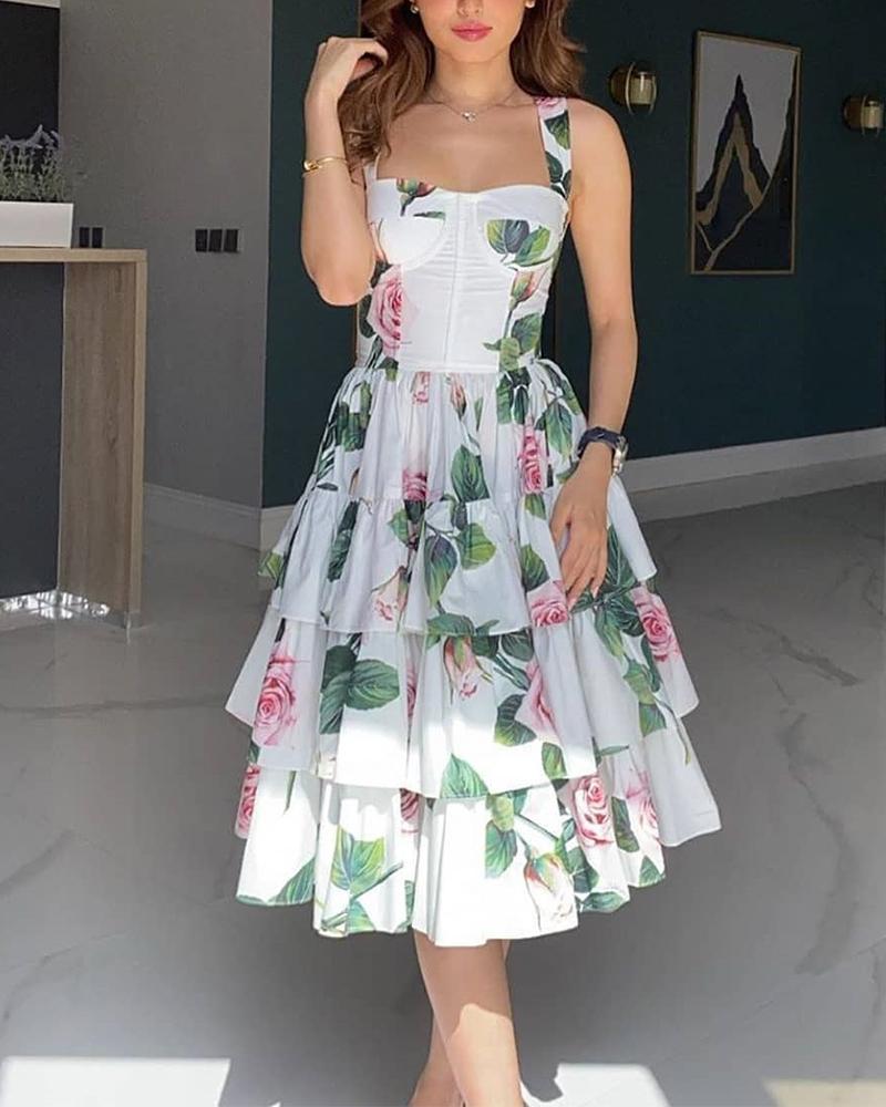 

Thick Strap Floral Print Layered Dress, White