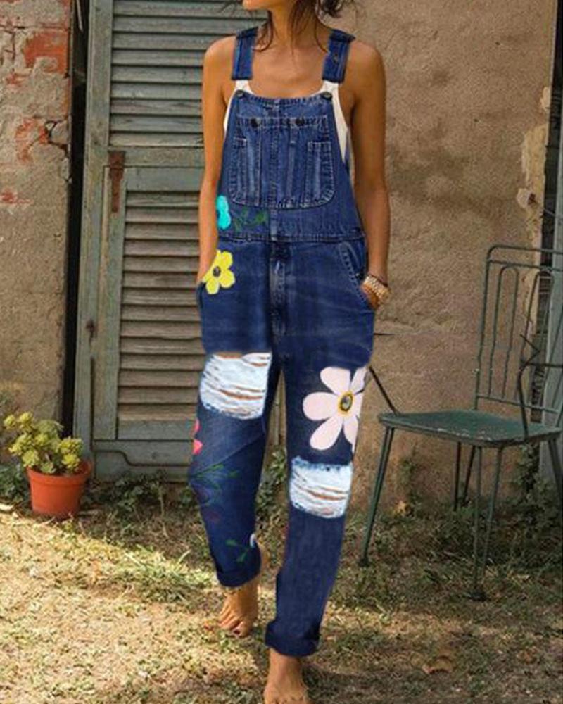 

Ripped Knee Denim Overall Jumpsuit, Dark blue