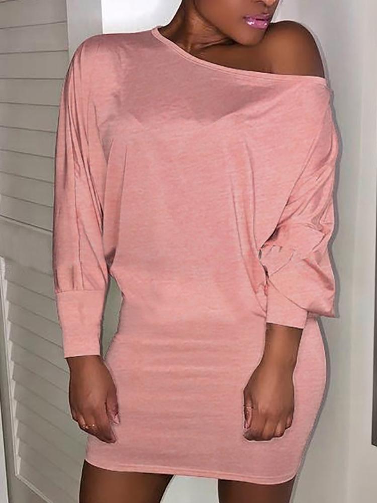 

Solid Batwing Sleeve Casual Dress, Pink