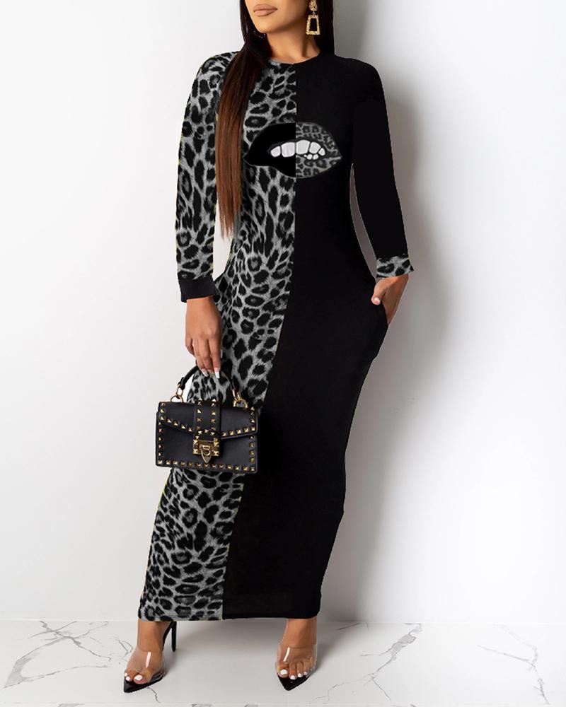 

Lips Print Leopard Colorblock Casual Dress, Gray