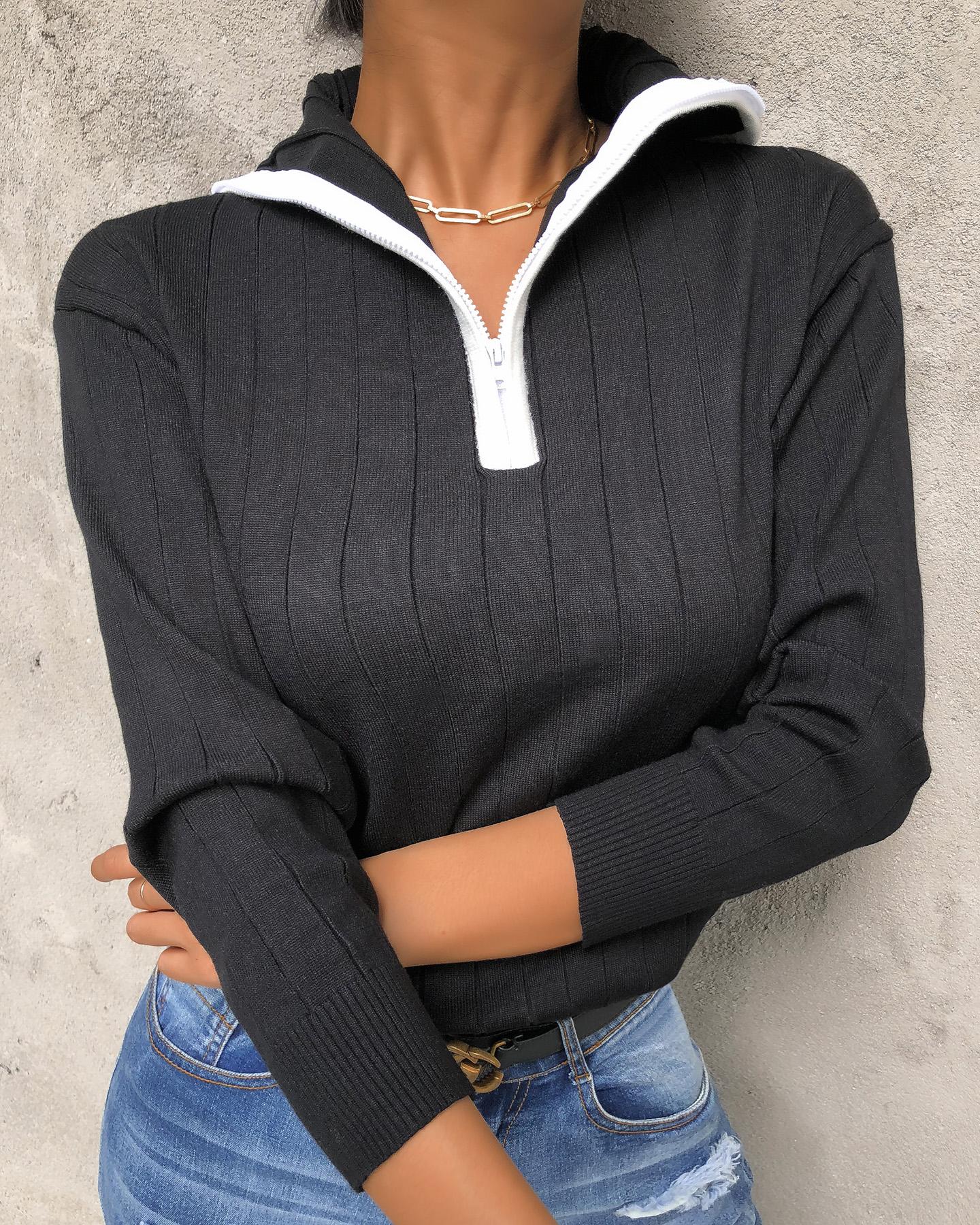 

Zipper Design Long Sleeve Knit Sweater, Black