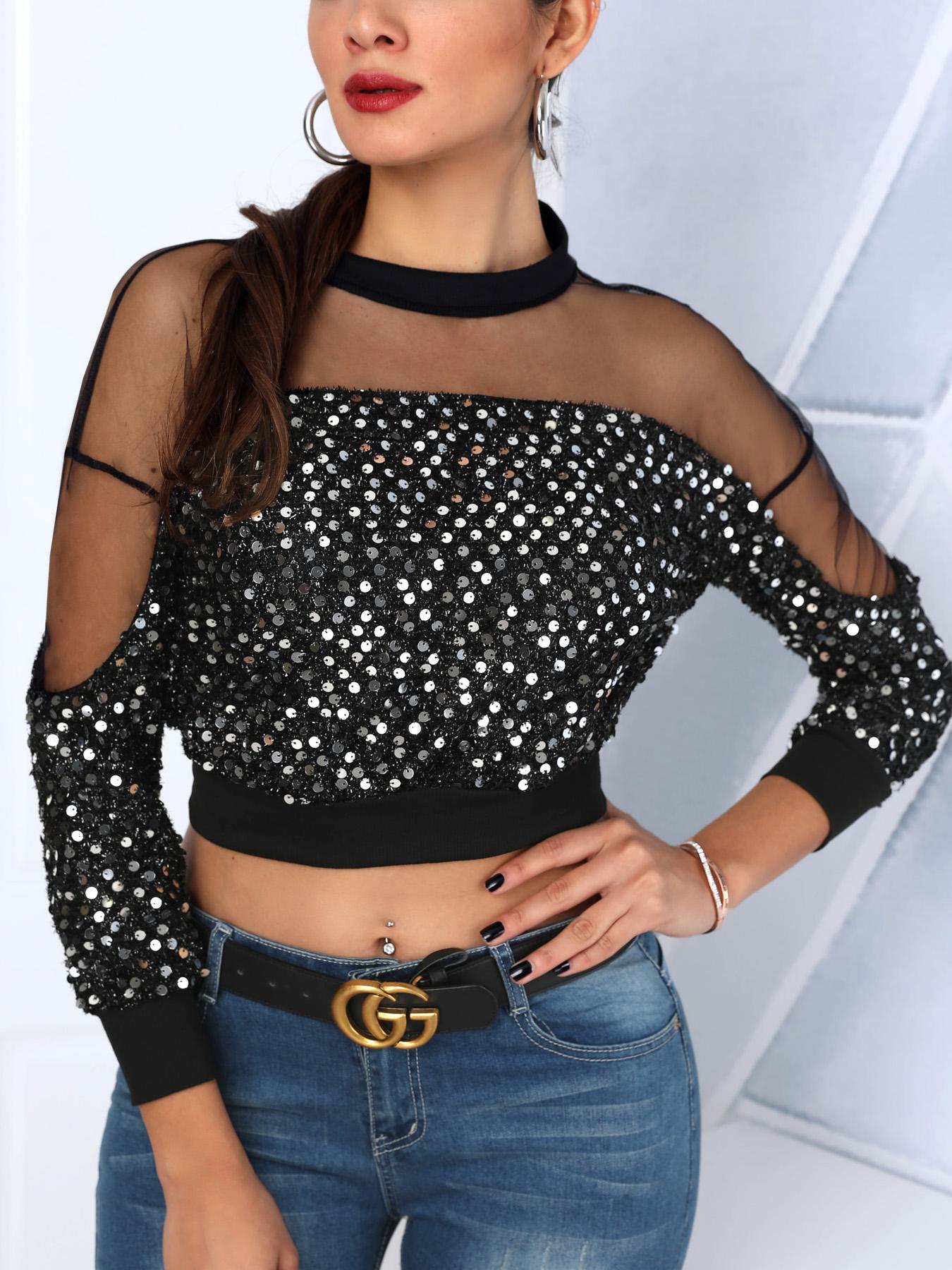 

Mesh Insert Crop Sequin Top