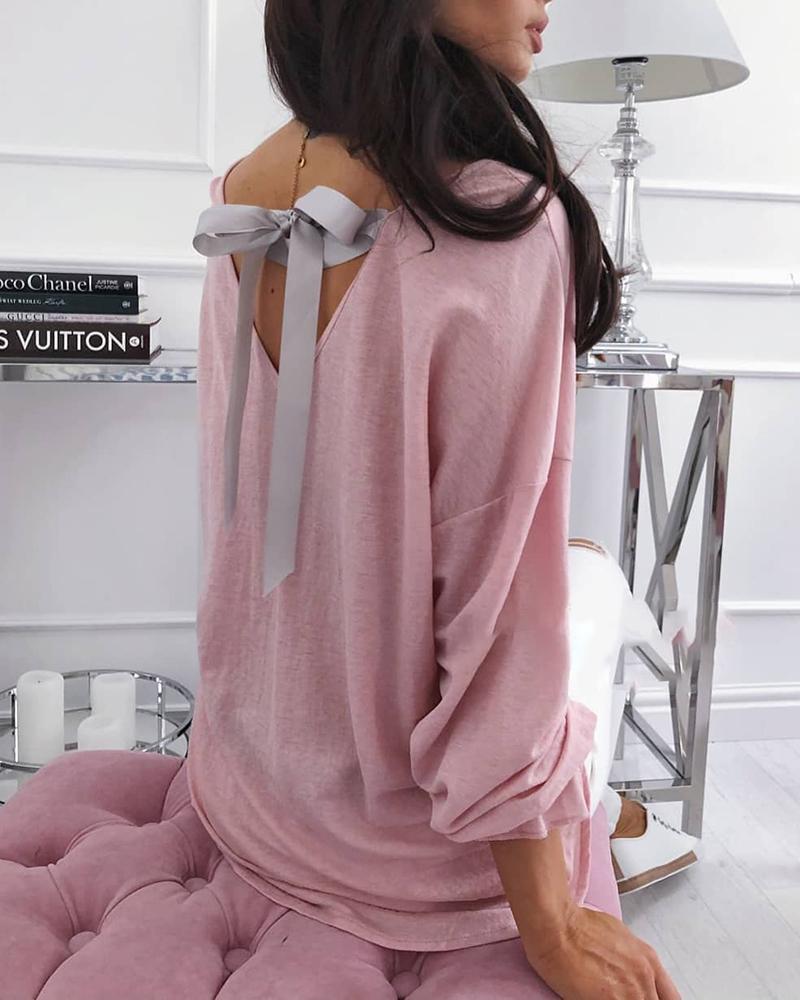 

Plain Lace Up Back Long Sleeve T-shirt, Pink
