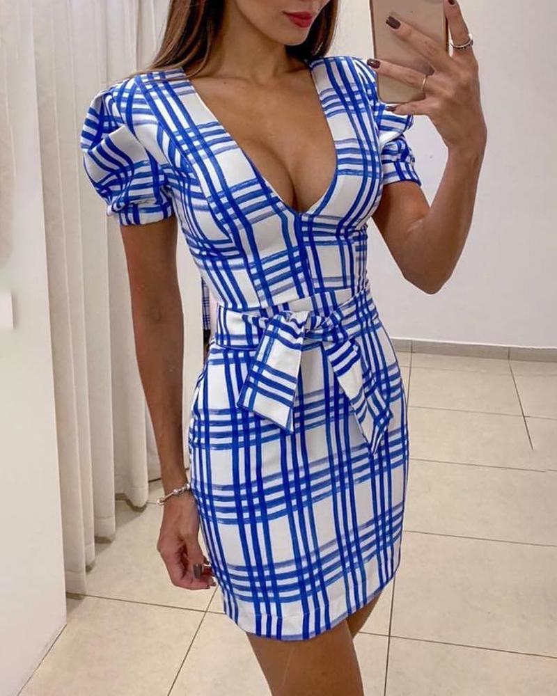 

Puffed Sleeve Grid Tie Waist Bodycon Dress, Blue