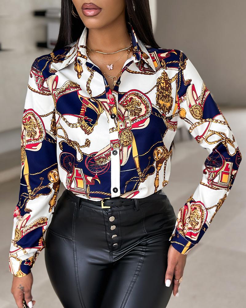 

Long Sleeve Chain Print Casual Shirt, Multicolor