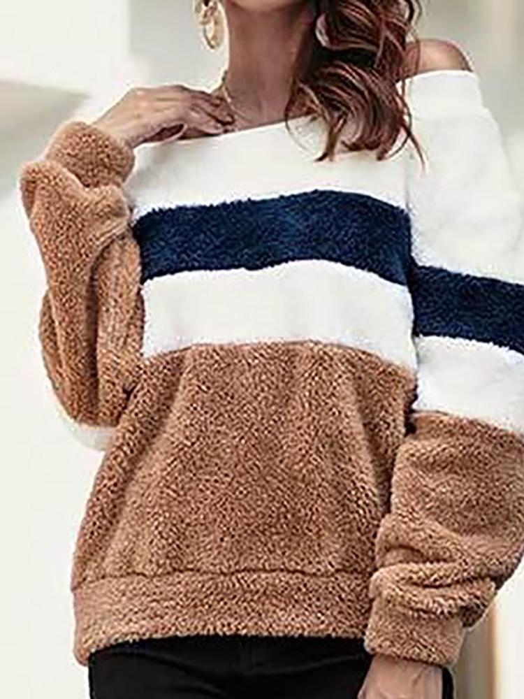 

Fluffy Off Shoulder Colorblock Sweatshirt