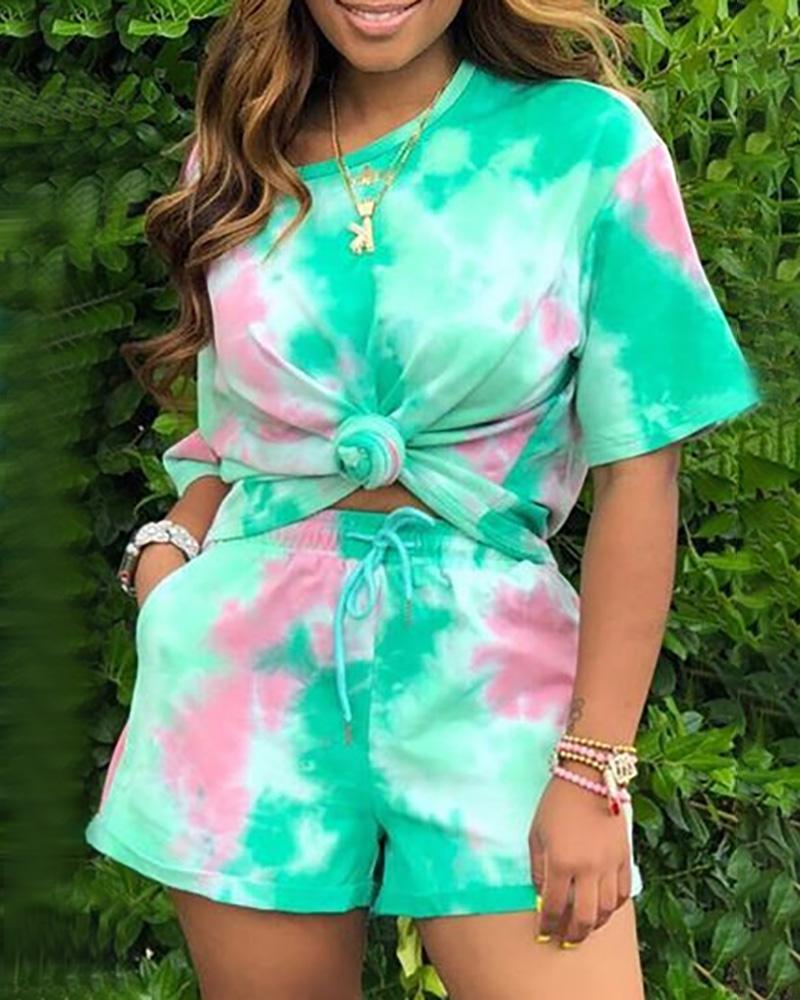 

Tie Dye Print Short Sleeve Top & Short Sets, Green