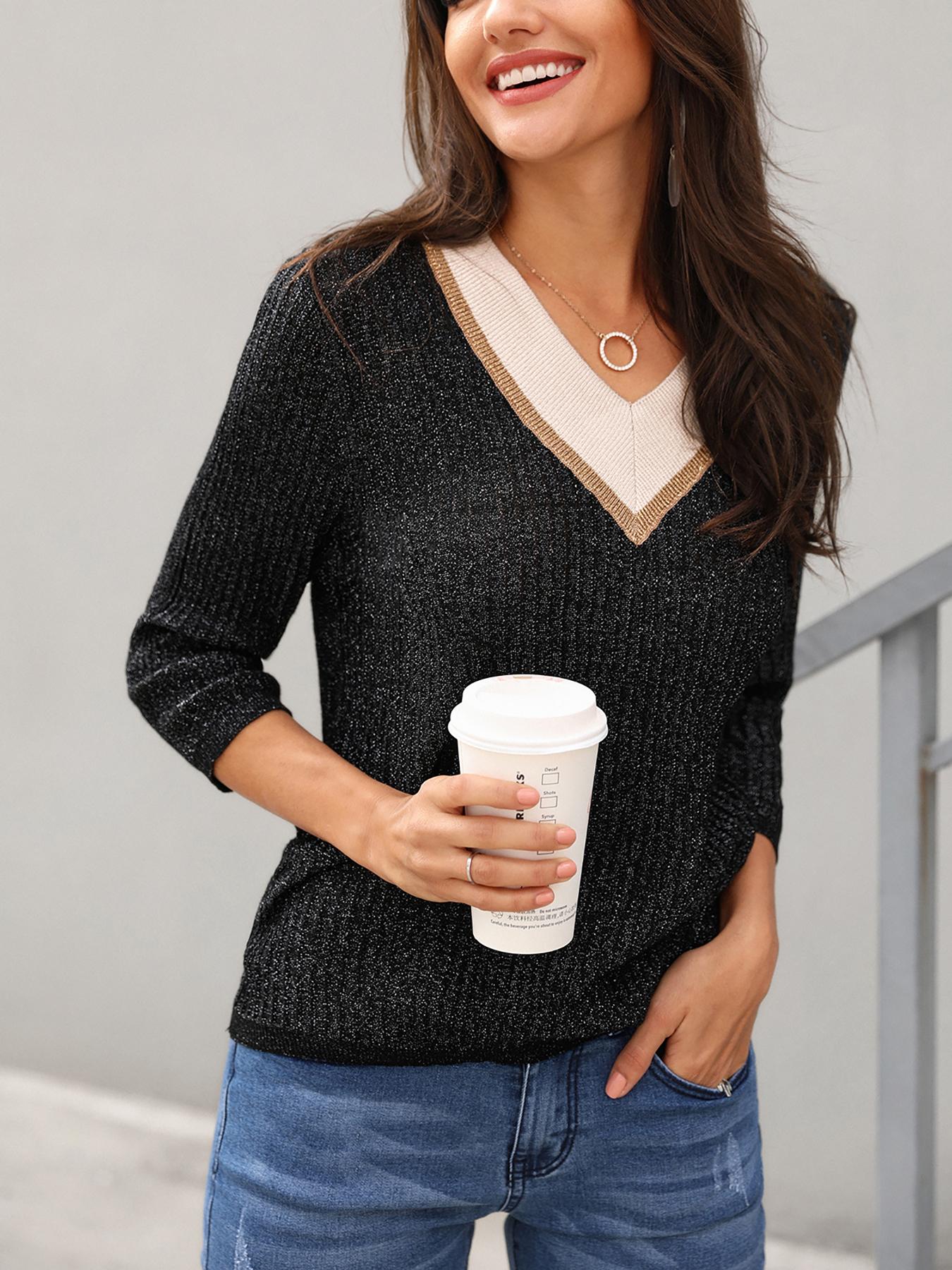 

Shiny Contrast Color Pullover Sweater, Black