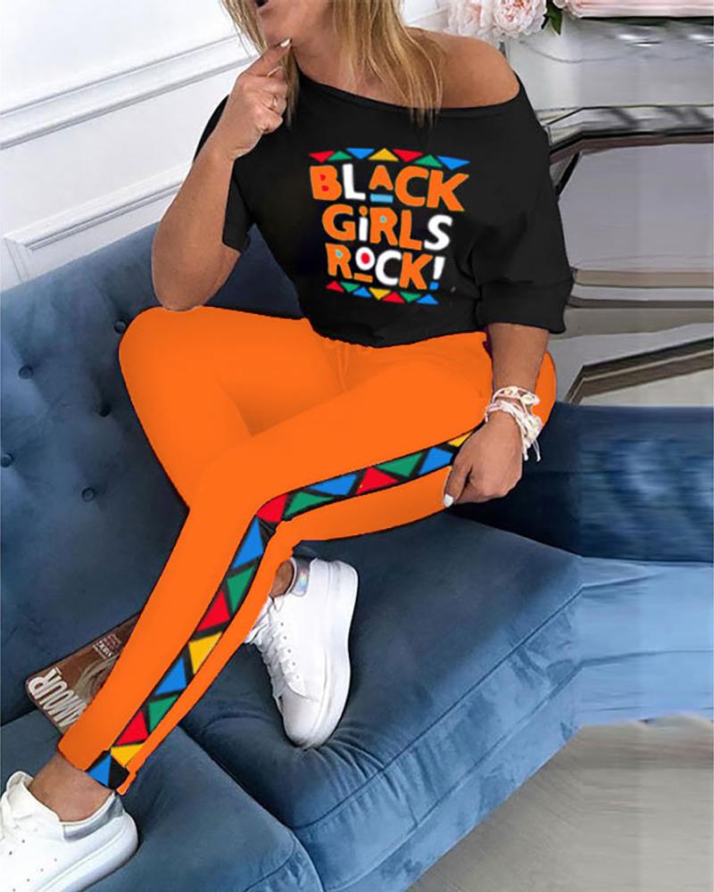 

Letter Print Colorblock Top & Pants Sets, Orange