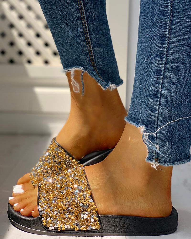 

Glitter Studded Flat Slipper Sandals, Gold