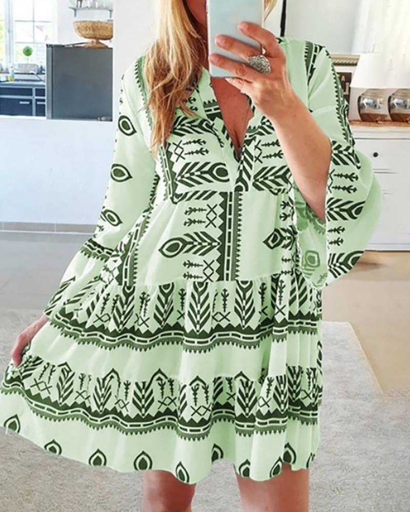 

Mixed Print Bell Sleeve Ruched Dress, Green
