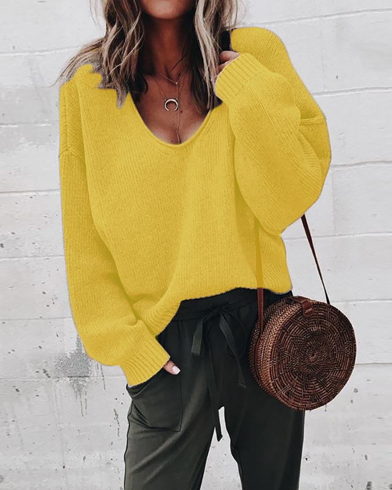 

Solid Long Sleeve V-Neck Casual Sweater, Yellow
