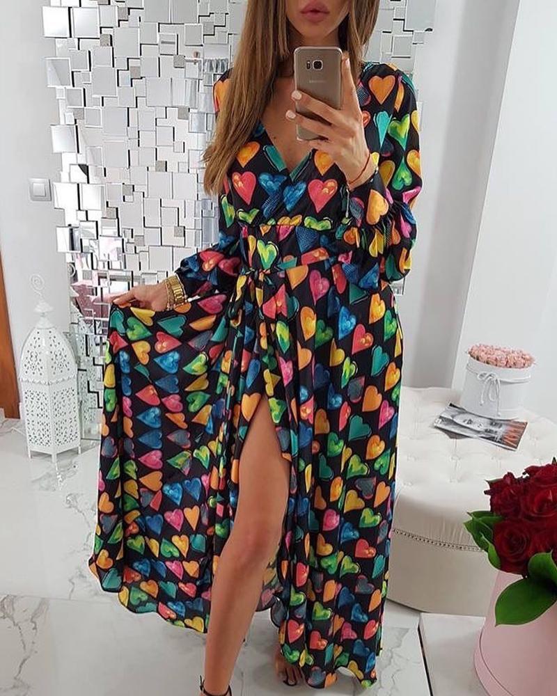 

Colorful Heart Print V-Neck Slit Casual Dress