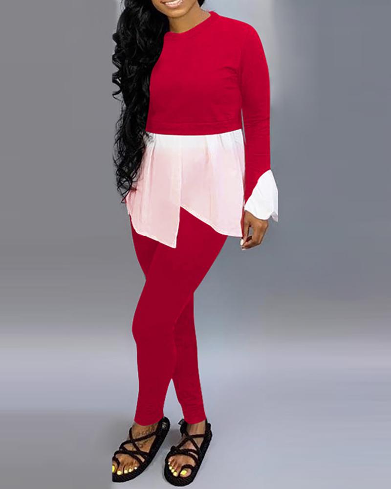 

Round Neck Colorblock Insert Ruffles Top & Pants Sets, Hot pink