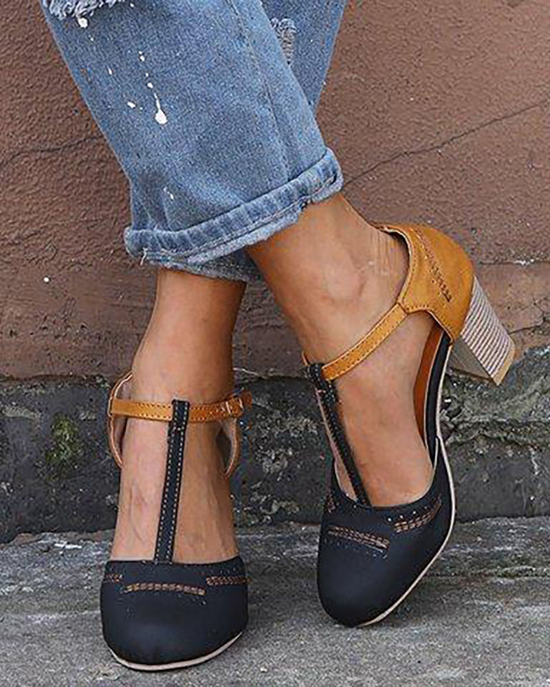 

Colorblock Ankle Buckled Chunky Heels, Black