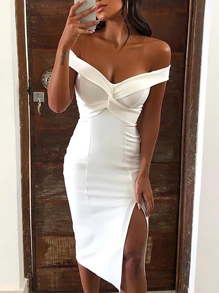 

Off Shoulder Twist Chest Slit Bodycon Dress, White