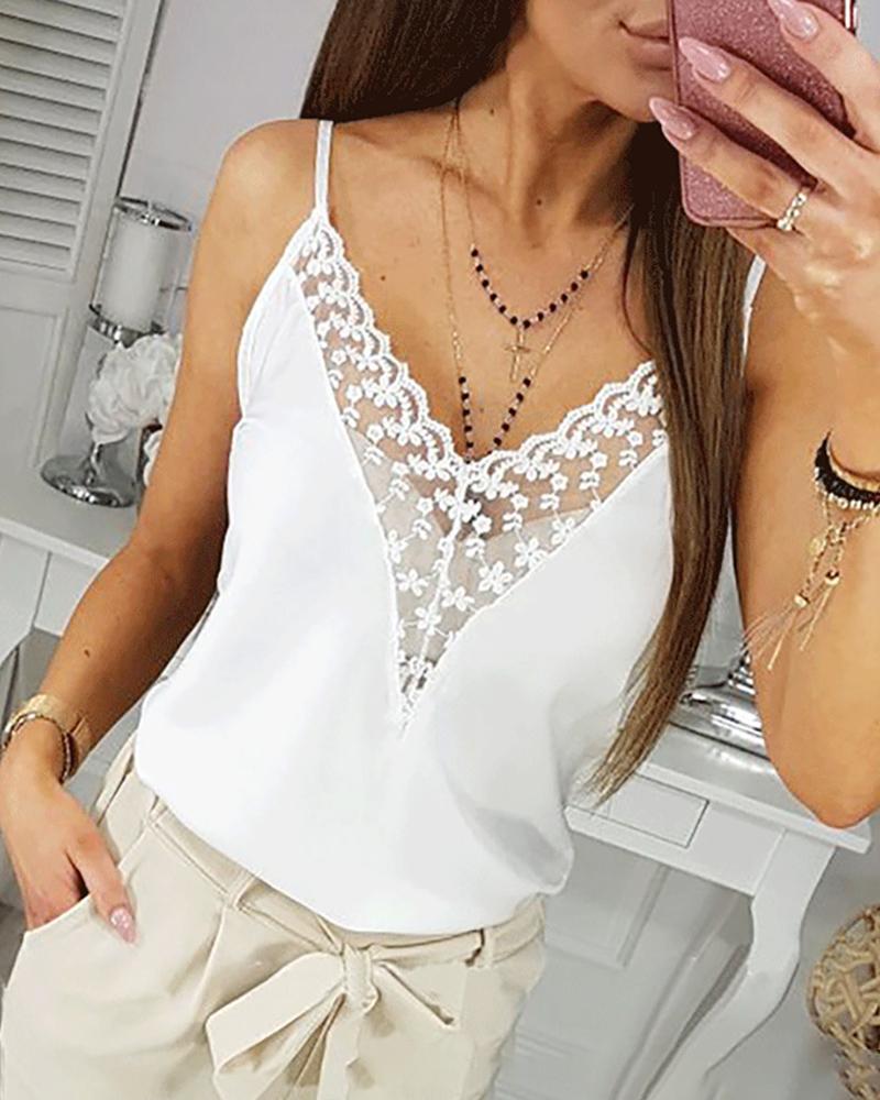 

Lace Splicing Deep V Cami Top, White