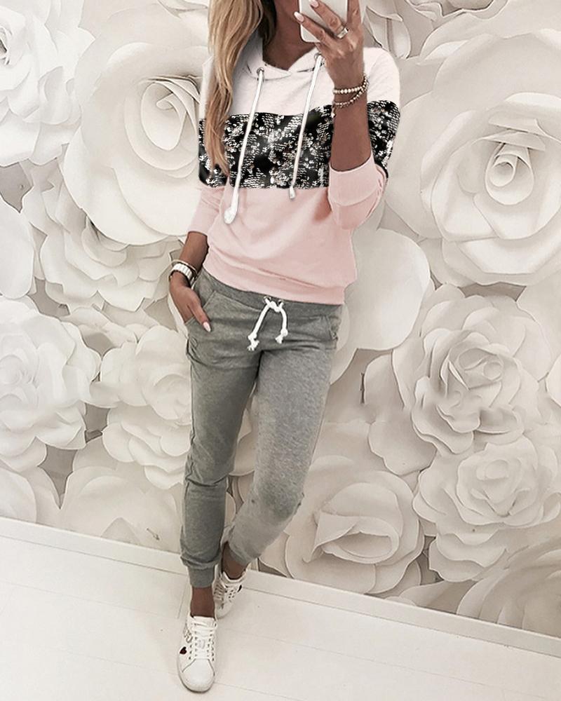 

Sequin Patch Hooded Sweatshirt & Pant Sets, Pink