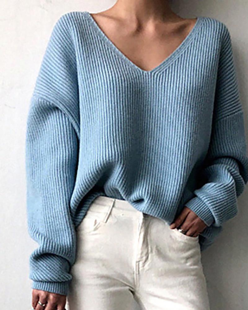 

Solid V-Neck Knit Casual Sweater, Blue