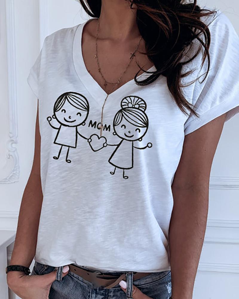 

Print V-neck Short Sleeve Casual T-shirt, White