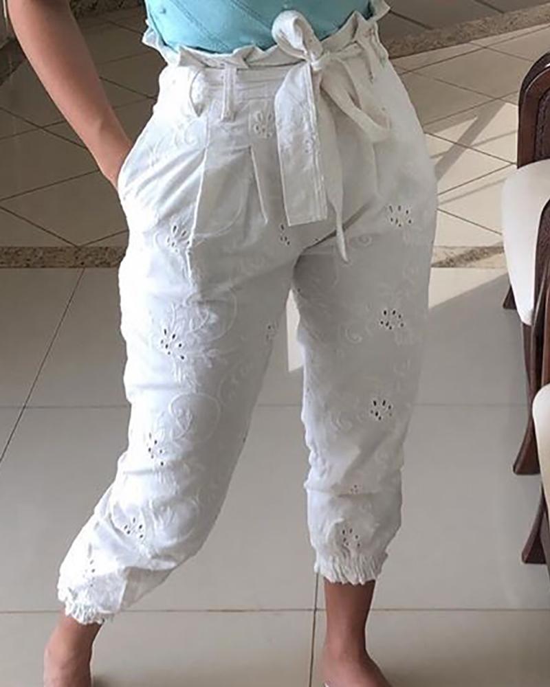 

Frills Tie Waist Hollow Out Lace Pants, White