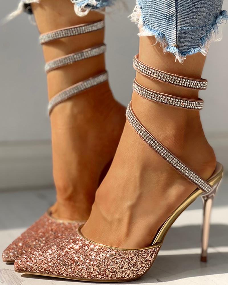 

Glitter Pointed Toe Sequins Multi-strap Slingback Thin Heeled Sandals, Champagne