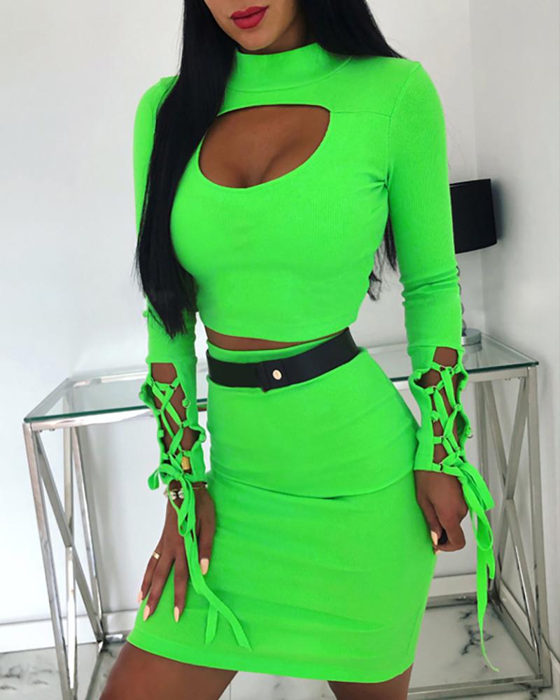 

Cut Out Lace-Up Top & Skirt Sets, Green