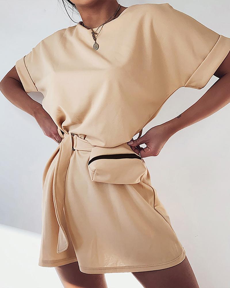 

Belt Bag Rolled Sleeve Casual T-shirt Dress, Apricot