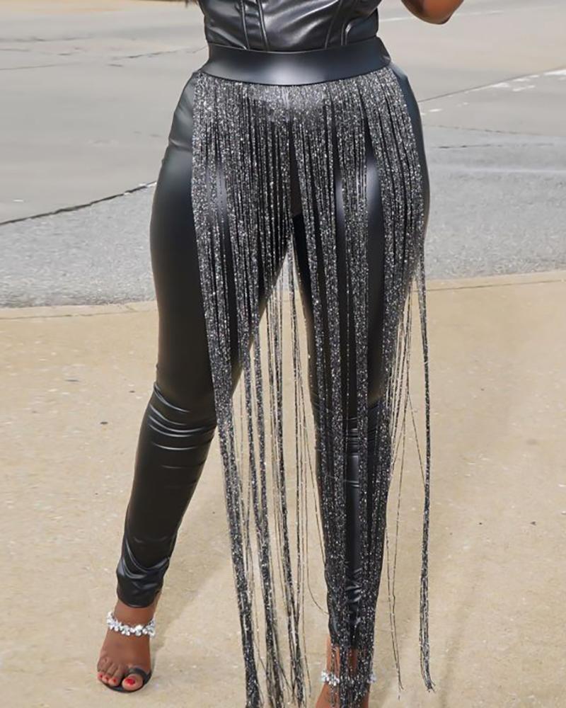

PU Solid Patchwork Tassel Pencil Pants, Black